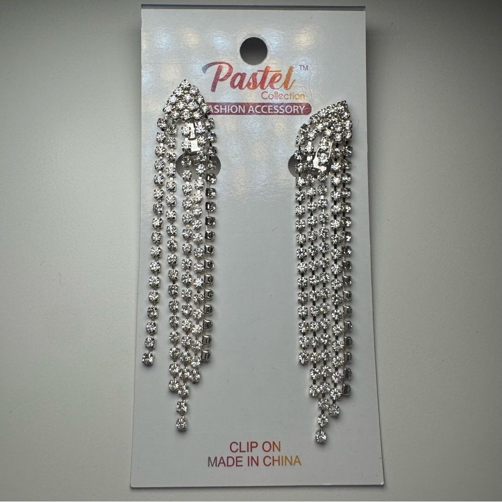 3For$20 Pastel Collection Long Rhinestones Fringe Clip-On Earrings
